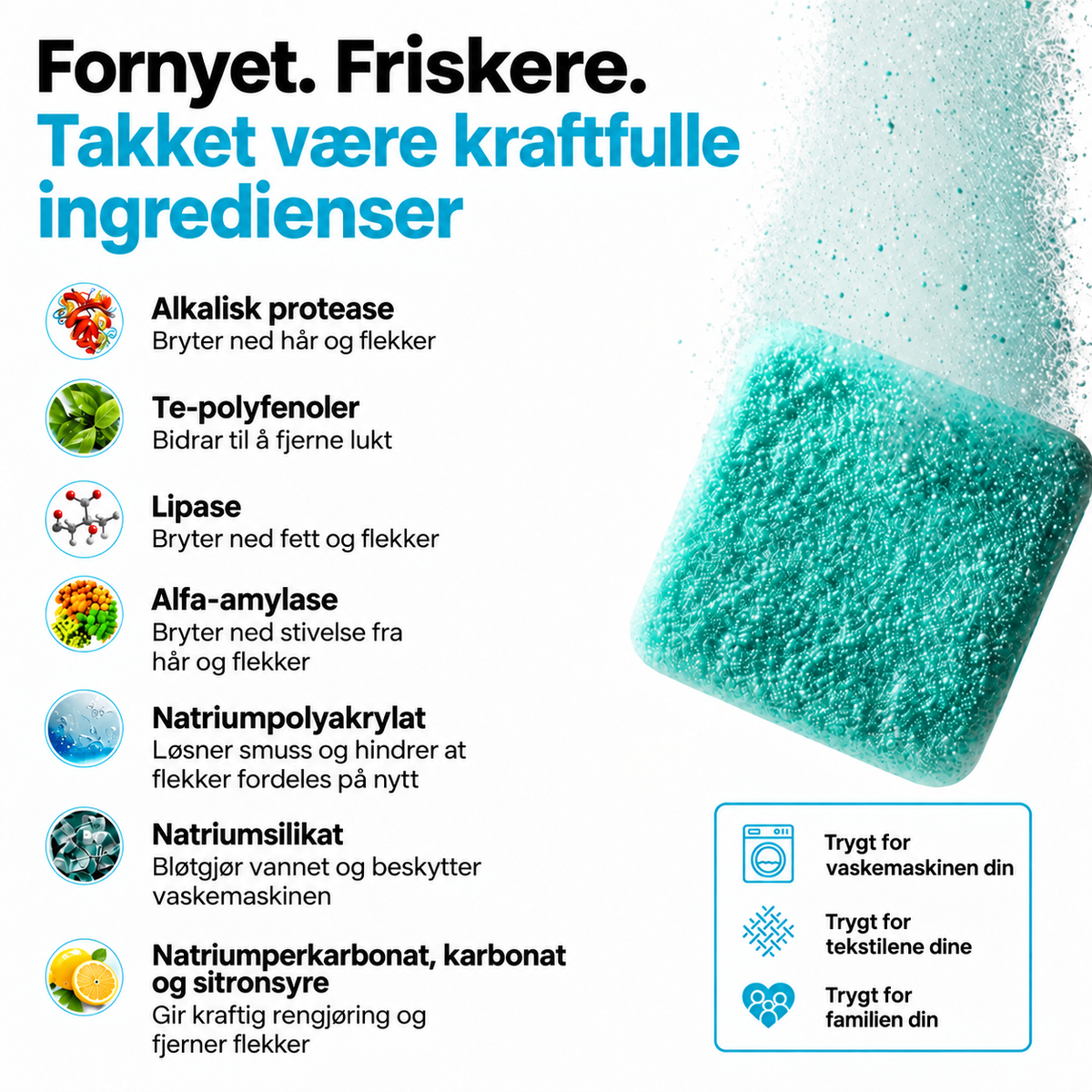 Dyprensende tabletter for vaskemaskiner
